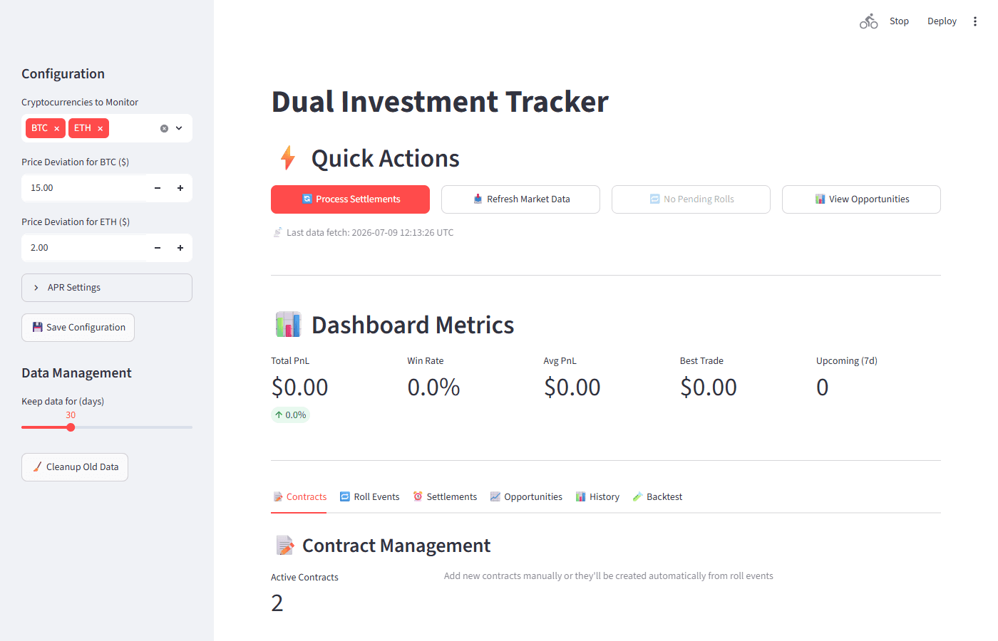 Streamlit dashboard with quick-actions bar, PnL metrics and lifecycle tabs.
