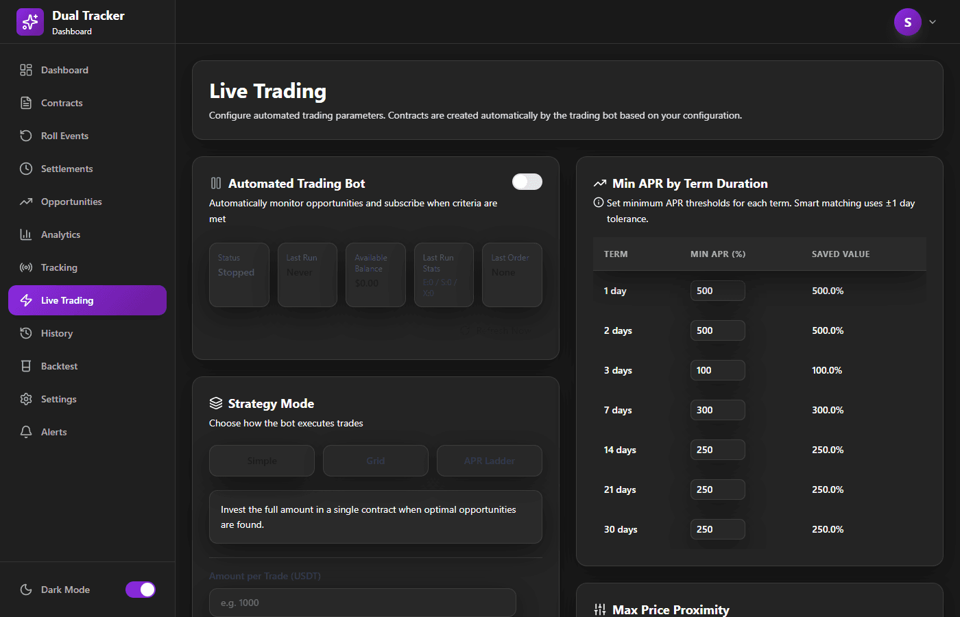 Early live-trading view of the Next.js platform.