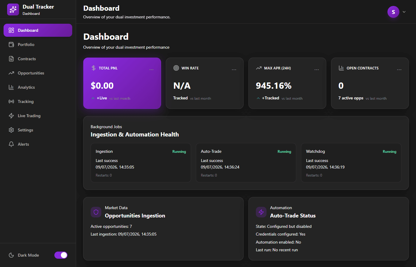 Dashboard with live background-job health cards for ingestion, auto-trade and watchdog.