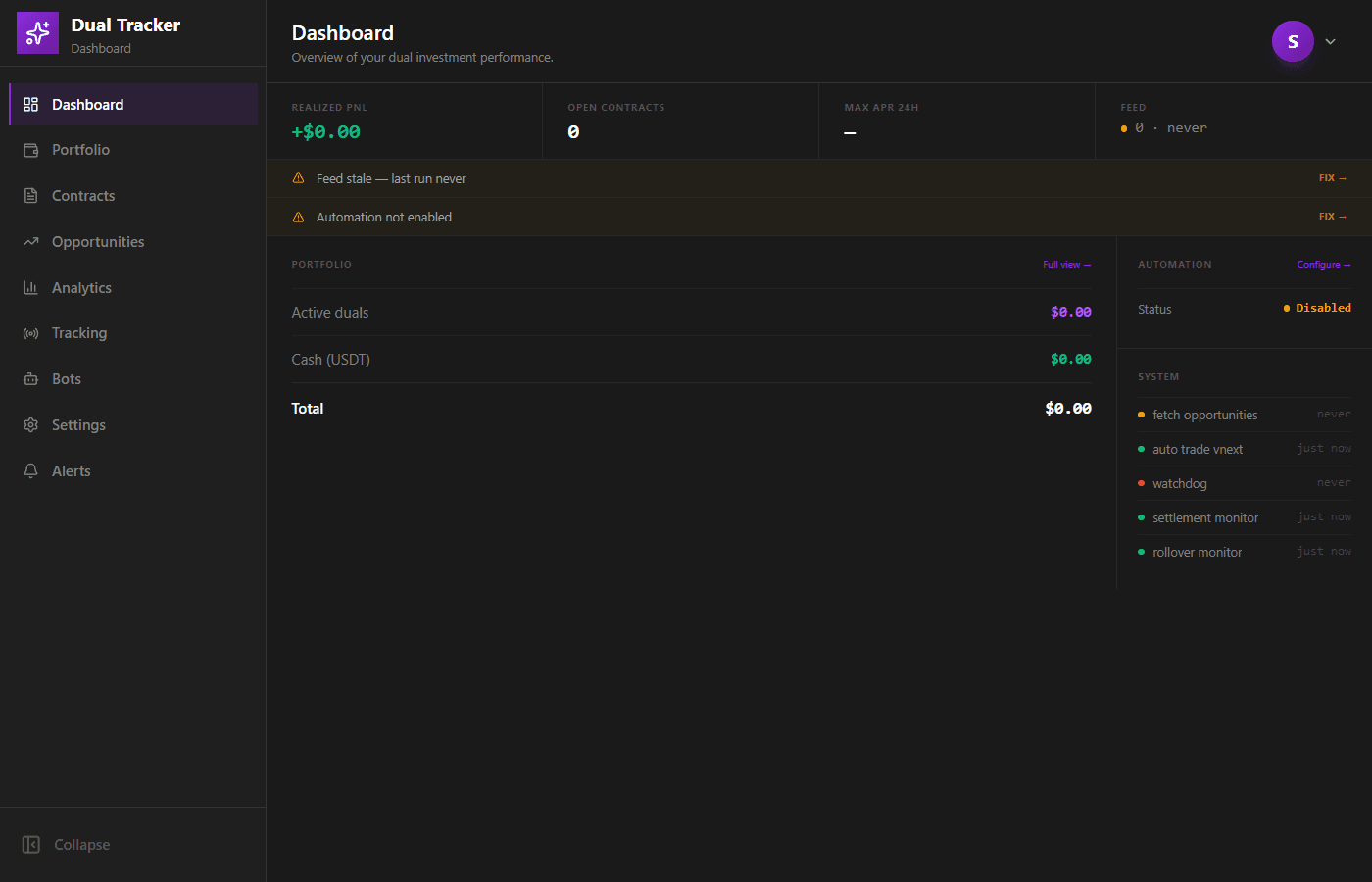 Current flat, data-dense Quiet Terminal dashboard.