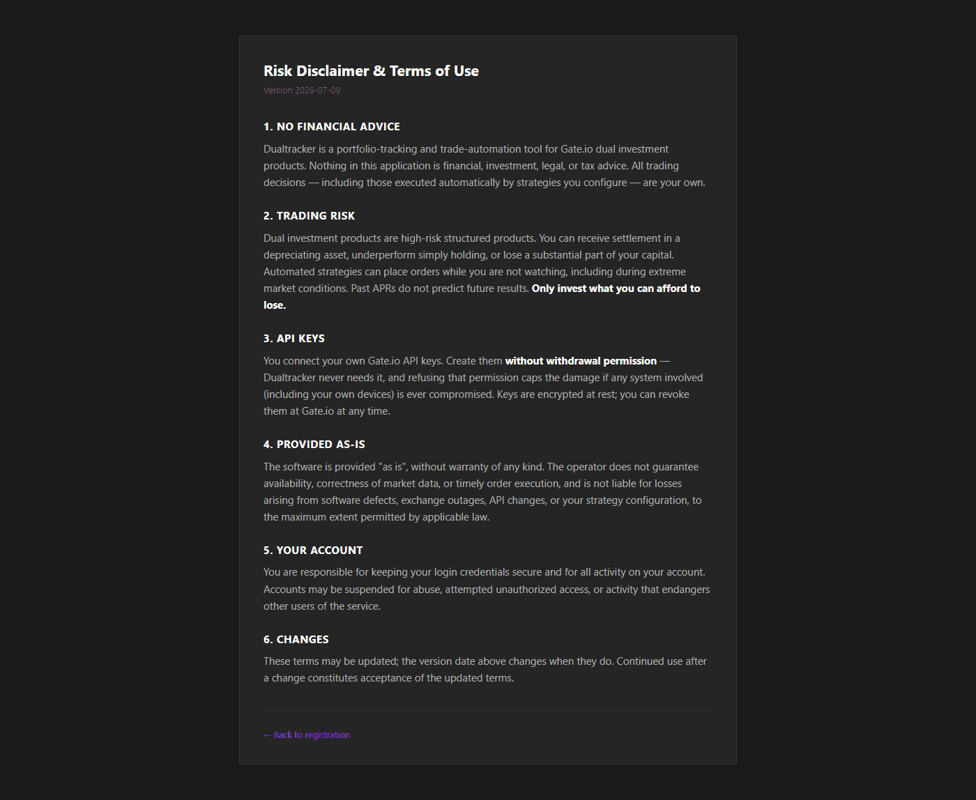 Dedicated risk disclaimer page, July 2026.