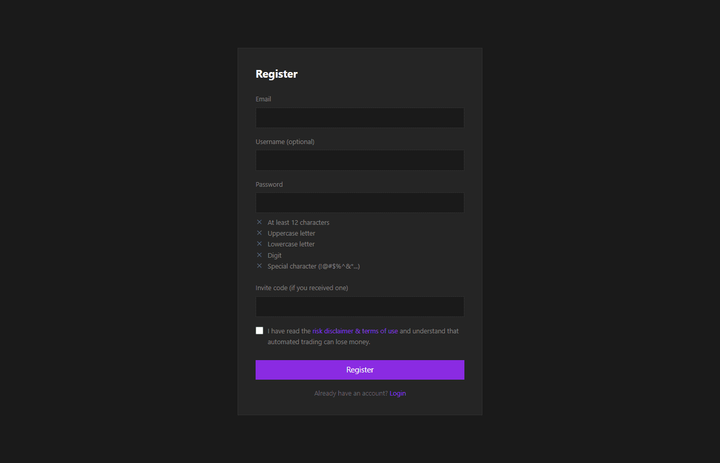 Register page with the risk-disclaimer gate, July 2026.